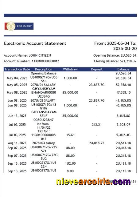 India RBB Smart Bank electronic account statement Word and PDF